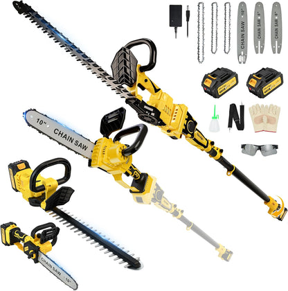 8 Inch/ 10 Inch Electric Pole Saws for Tree Trimming & Mini Chainsaw 4-IN-1, Cordless Pole Saw Battery Powered, Chain Saw with Extension Pole, Total Reach of Max 15ft, Limb Branch Cutter Pruner