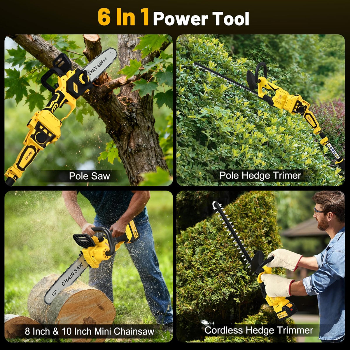 8 Inch/ 10 Inch Electric Pole Saws for Tree Trimming & Mini Chainsaw 4-IN-1, Cordless Pole Saw Battery Powered, Chain Saw with Extension Pole, Total Reach of Max 15ft, Limb Branch Cutter Pruner