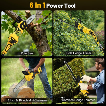 8 Inch/ 10 Inch Electric Pole Saws for Tree Trimming & Mini Chainsaw 4-IN-1, Cordless Pole Saw Battery Powered, Chain Saw with Extension Pole, Total Reach of Max 15ft, Limb Branch Cutter Pruner