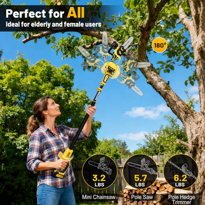 8 Inch/ 10 Inch Electric Pole Saws for Tree Trimming & Mini Chainsaw 4-IN-1, Cordless Pole Saw Battery Powered, Chain Saw with Extension Pole, Total Reach of Max 15ft, Limb Branch Cutter Pruner