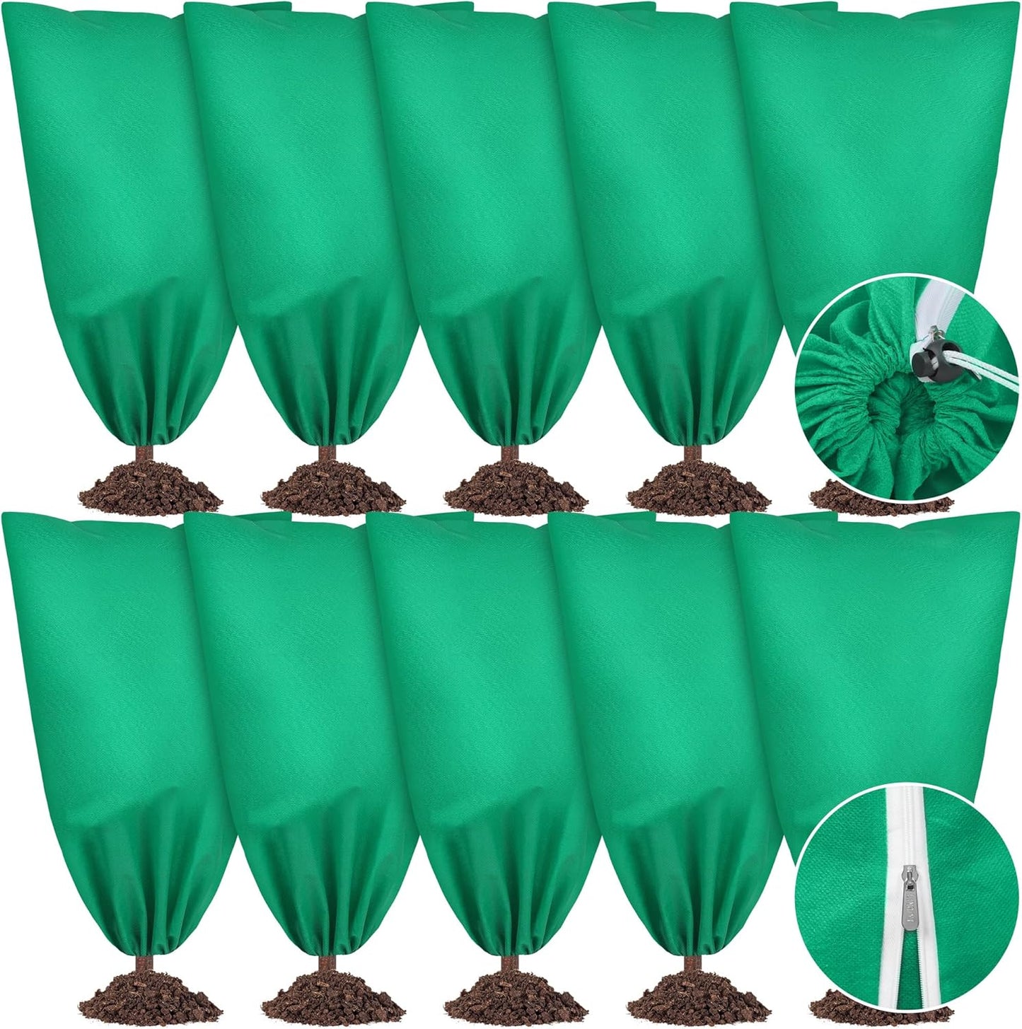 10 Pieces Plant Covers Freeze Protection Winter Plant Frost Cover with Drawstring and Zipper Large Plant Protector Bag for Frost Blankets Jacket for Outdoor Plant, Green, 31.5 x 47.2 Inch