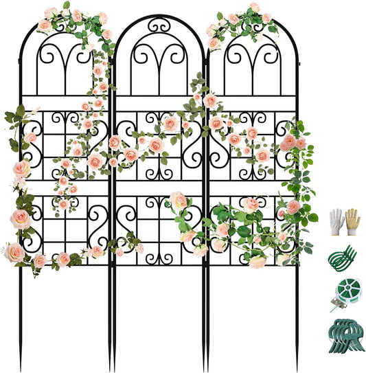 Garden Trellis for Climbing Plants, 3 Pack 38" Wx 64.6" H Rustproof Flower Trellis with Black Coating, Outdoor Climbing Rose Trellis Cucumbers Support for Courtyards Lawns (Curved Shape, 3 Pieces)