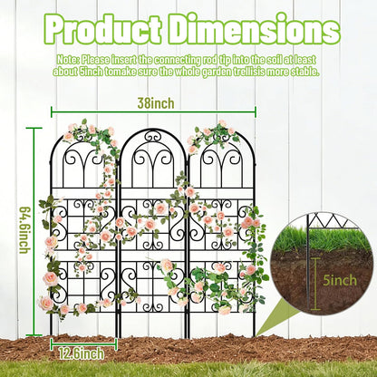 Garden Trellis for Climbing Plants, 3 Pack 38" Wx 64.6" H Rustproof Flower Trellis with Black Coating, Outdoor Climbing Rose Trellis Cucumbers Support for Courtyards Lawns (Curved Shape, 3 Pieces)