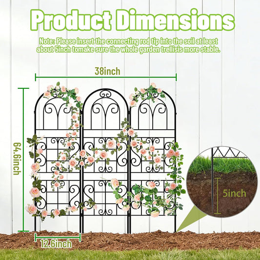 Garden Trellis for Climbing Plants, 3 Pack 38" Wx 64.6" H Rustproof Flower Trellis with Black Coating, Outdoor Climbing Rose Trellis Cucumbers Support for Courtyards Lawns (Curved Shape, 3 Pieces)