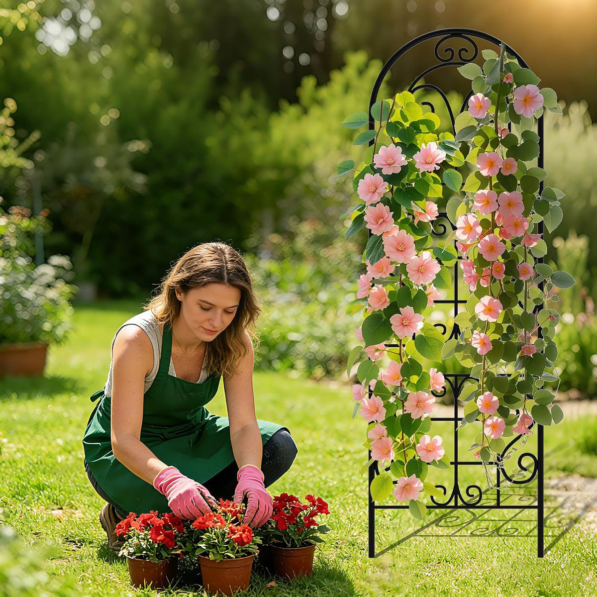 Garden Trellis for Climbing Plants, 3 Pack 38" Wx 64.6" H Rustproof Flower Trellis with Black Coating, Outdoor Climbing Rose Trellis Cucumbers Support for Courtyards Lawns (Curved Shape, 3 Pieces)