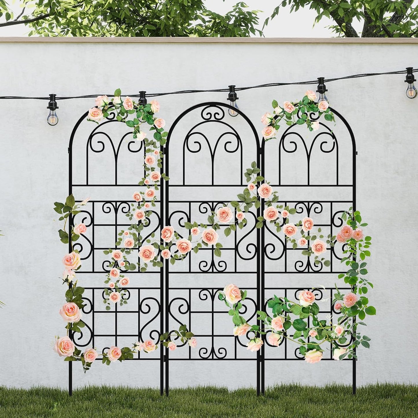 Garden Trellis for Climbing Plants, 3 Pack 38" Wx 64.6" H Rustproof Flower Trellis with Black Coating, Outdoor Climbing Rose Trellis Cucumbers Support for Courtyards Lawns (Curved Shape, 3 Pieces)