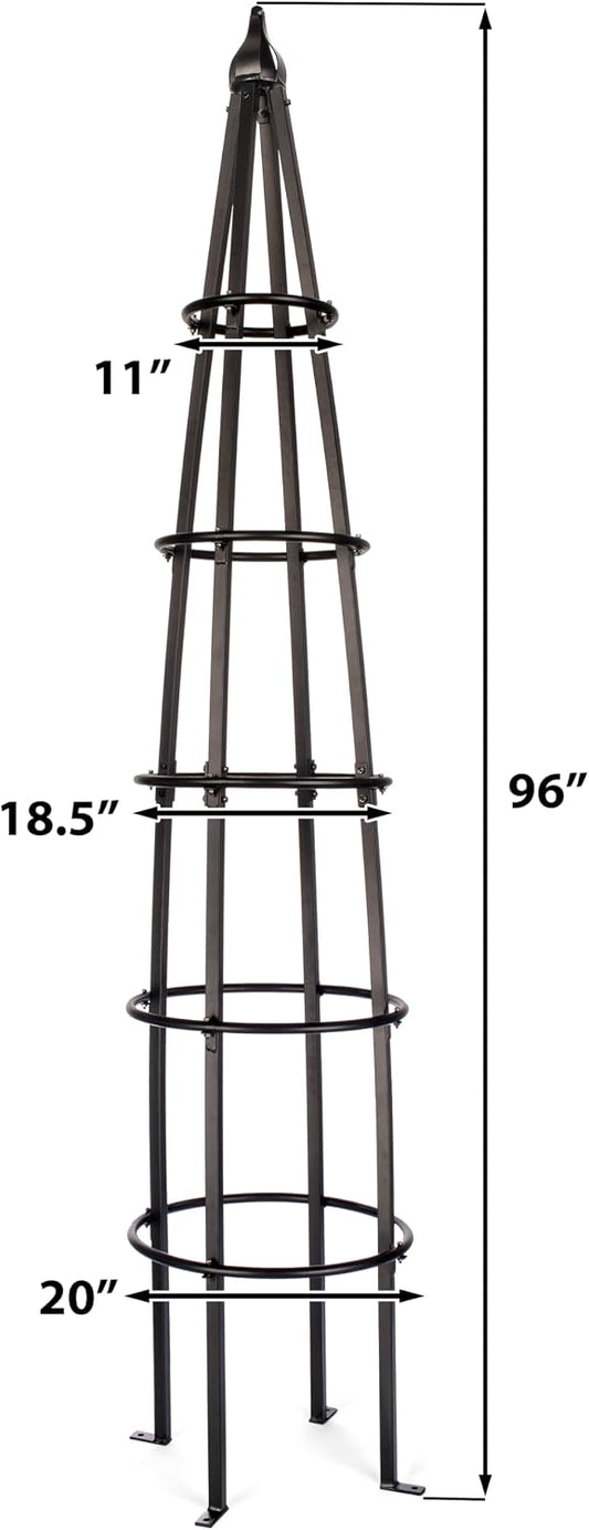 Tall Iron Obelisk Trellis 8 Ft – Outdoor Garden Obelisk for Climbing Plants, Black Powder Coated Metal, Architectural Yard Structure