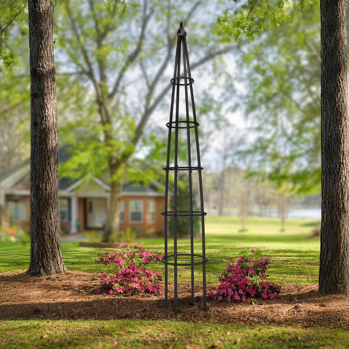 Tall Iron Obelisk Trellis 8 Ft – Outdoor Garden Obelisk for Climbing Plants, Black Powder Coated Metal, Architectural Yard Structure