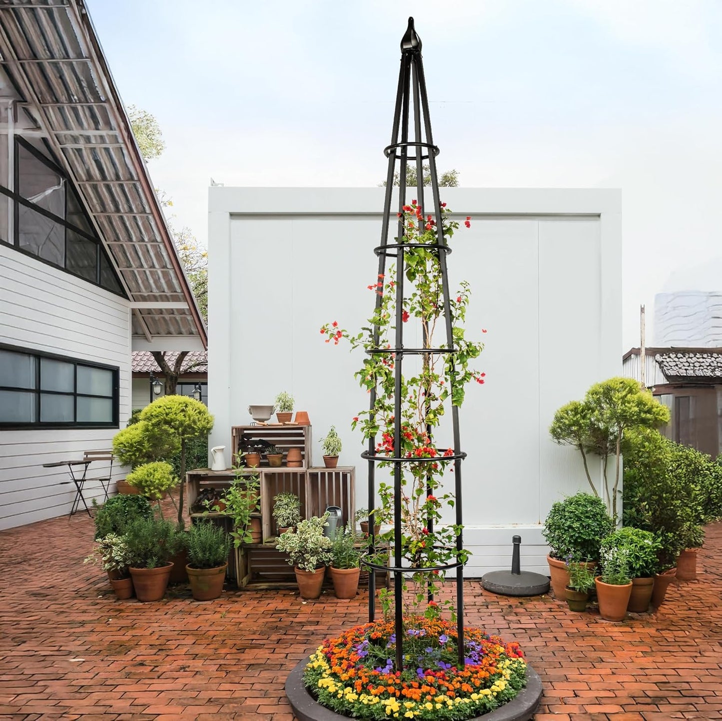 Tall Iron Obelisk Trellis 8 Ft – Outdoor Garden Obelisk for Climbing Plants, Black Powder Coated Metal, Architectural Yard Structure