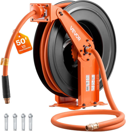 Retractable Air Hose Reel, 1/2 Inch x 50 FT Rubber Air Hose Max 300PSI, Auto Rewind Air-Compressor Hoses Reel with 5 ft Lead in, Ceiling/Wall Mount Heavy Duty Steel Double Arm