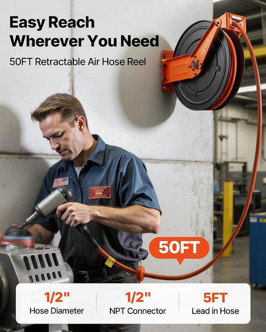 Retractable Air Hose Reel, 1/2 Inch x 50 FT Rubber Air Hose Max 300PSI, Auto Rewind Air-Compressor Hoses Reel with 5 ft Lead in, Ceiling/Wall Mount Heavy Duty Steel Double Arm