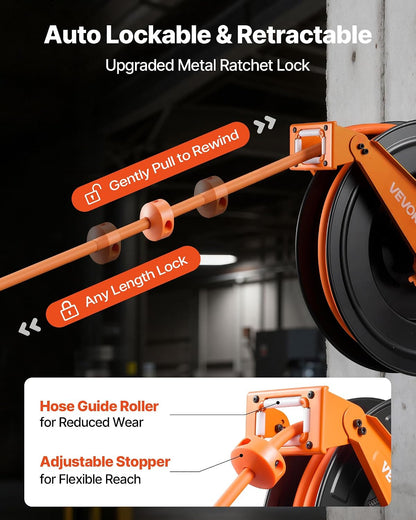 Retractable Air Hose Reel, 1/2 Inch x 50 FT Rubber Air Hose Max 300PSI, Auto Rewind Air-Compressor Hoses Reel with 5 ft Lead in, Ceiling/Wall Mount Heavy Duty Steel Double Arm