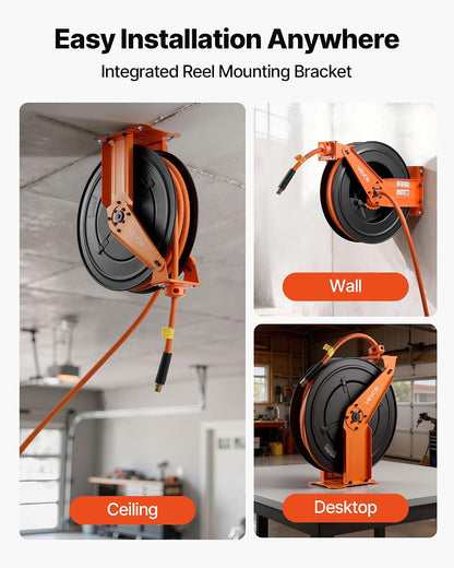 Retractable Air Hose Reel, 1/2 Inch x 50 FT Rubber Air Hose Max 300PSI, Auto Rewind Air-Compressor Hoses Reel with 5 ft Lead in, Ceiling/Wall Mount Heavy Duty Steel Double Arm