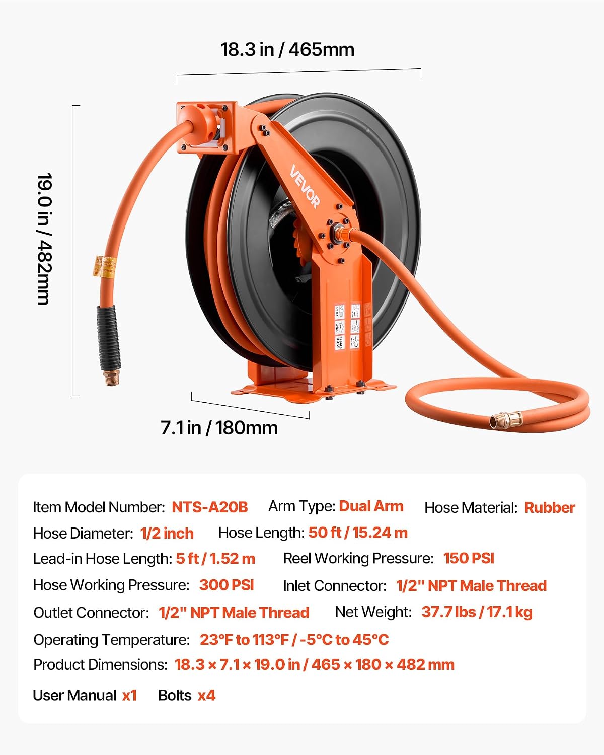 Retractable Air Hose Reel, 1/2 Inch x 50 FT Rubber Air Hose Max 300PSI, Auto Rewind Air-Compressor Hoses Reel with 5 ft Lead in, Ceiling/Wall Mount Heavy Duty Steel Double Arm
