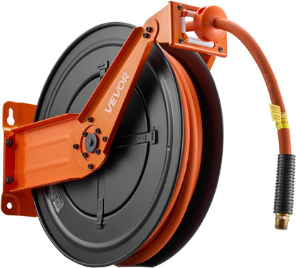 Retractable Air Hose Reel, 1/2 Inch x 50 FT Rubber Air Hose Max 300PSI, Auto Rewind Air-Compressor Hoses Reel with 5 ft Lead in, Ceiling/Wall Mount Heavy Duty Steel Double Arm