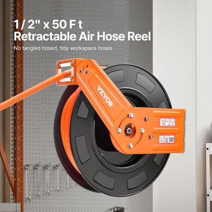 Retractable Air Hose Reel, 1/2 Inch x 50 FT Rubber Air Hose Max 300PSI, Auto Rewind Air-Compressor Hoses Reel with 5 ft Lead in, Ceiling/Wall Mount Heavy Duty Steel Double Arm