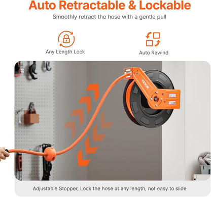 Retractable Air Hose Reel, 1/2 Inch x 50 FT Rubber Air Hose Max 300PSI, Auto Rewind Air-Compressor Hoses Reel with 5 ft Lead in, Ceiling/Wall Mount Heavy Duty Steel Double Arm