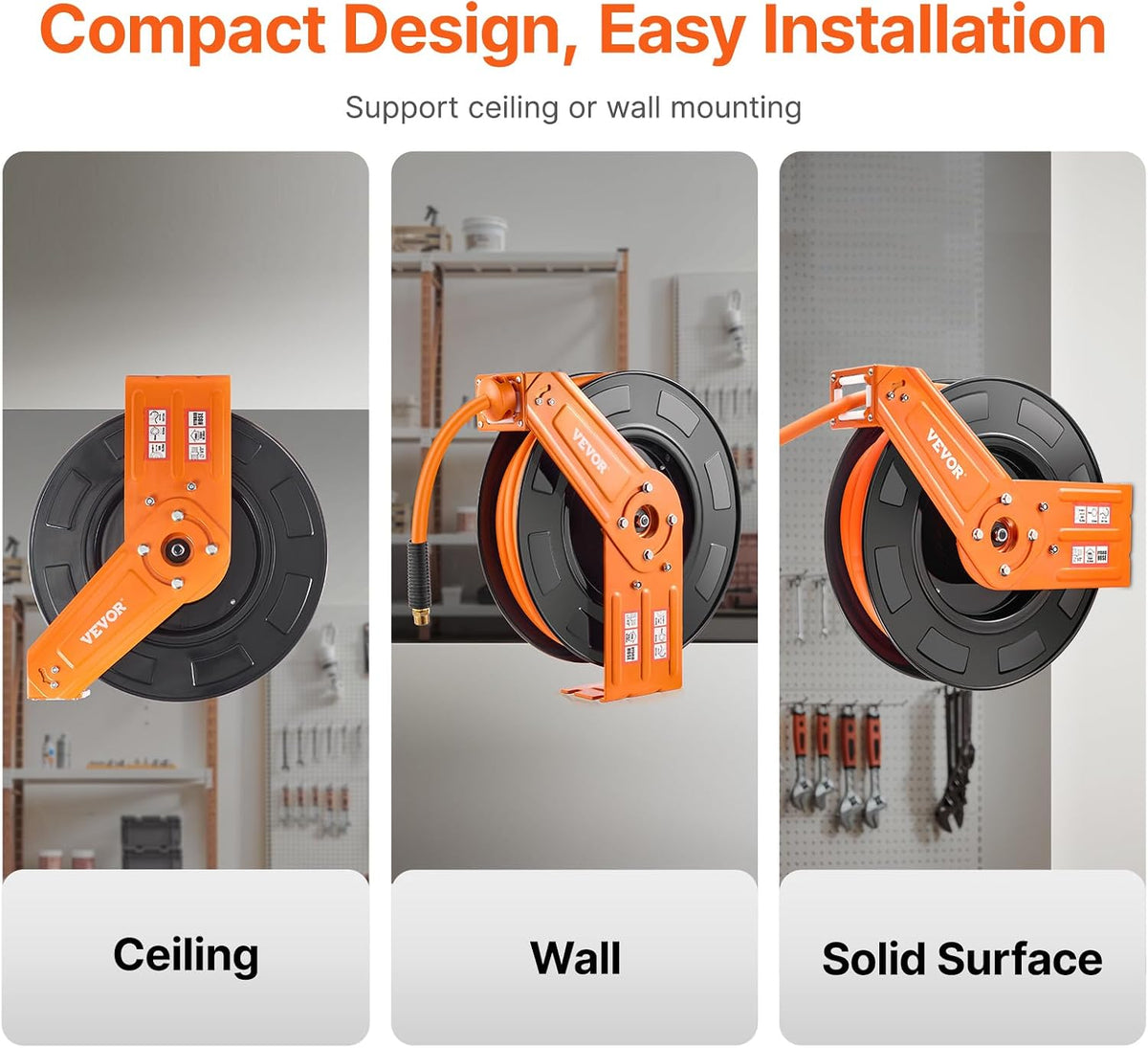 Retractable Air Hose Reel, 1/2 Inch x 50 FT Rubber Air Hose Max 300PSI, Auto Rewind Air-Compressor Hoses Reel with 5 ft Lead in, Ceiling/Wall Mount Heavy Duty Steel Double Arm