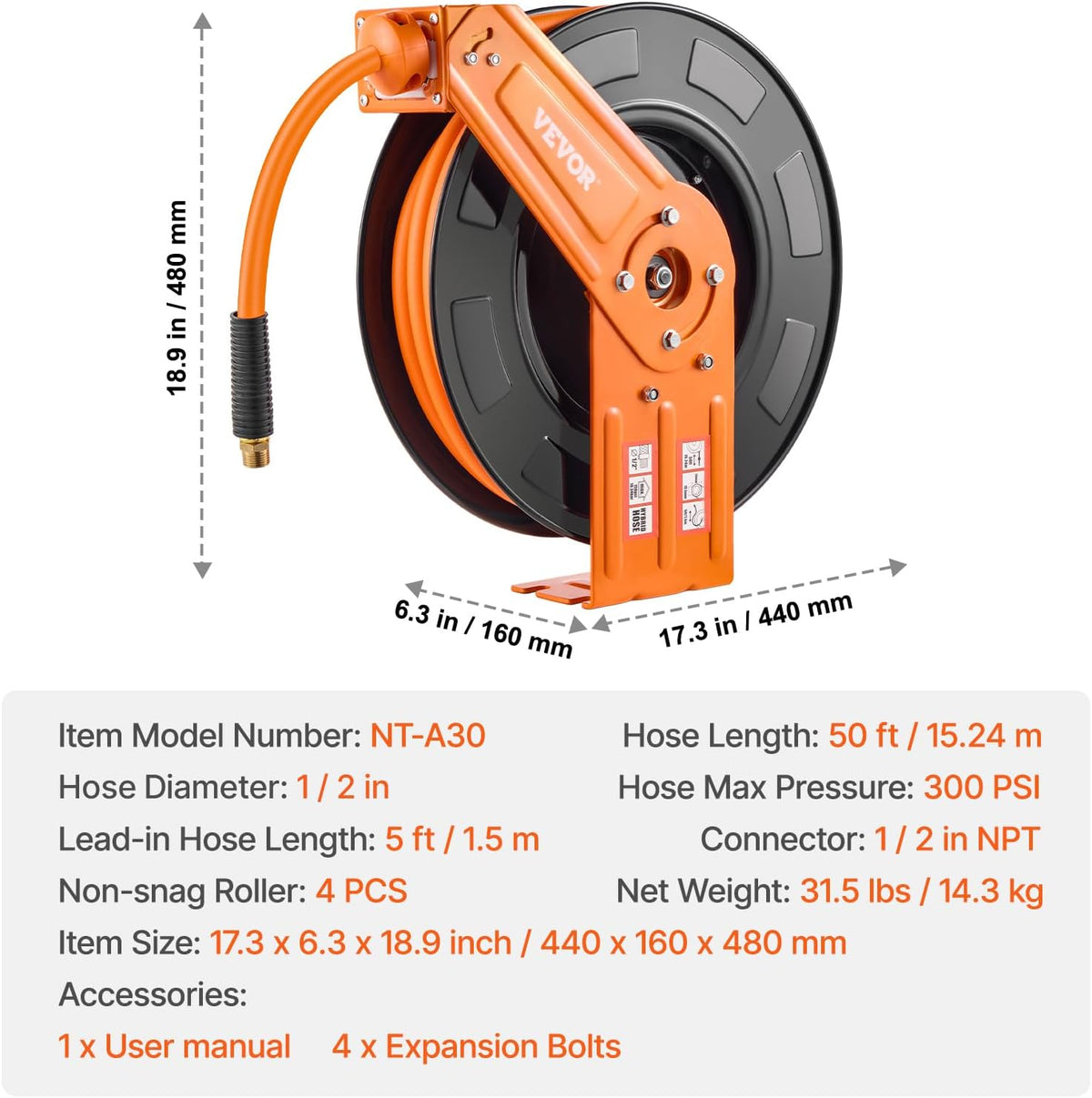Retractable Air Hose Reel, 1/2 Inch x 50 FT Rubber Air Hose Max 300PSI, Auto Rewind Air-Compressor Hoses Reel with 5 ft Lead in, Ceiling/Wall Mount Heavy Duty Steel Double Arm