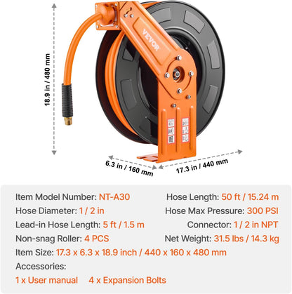 Retractable Air Hose Reel, 1/2 Inch x 50 FT Rubber Air Hose Max 300PSI, Auto Rewind Air-Compressor Hoses Reel with 5 ft Lead in, Ceiling/Wall Mount Heavy Duty Steel Double Arm