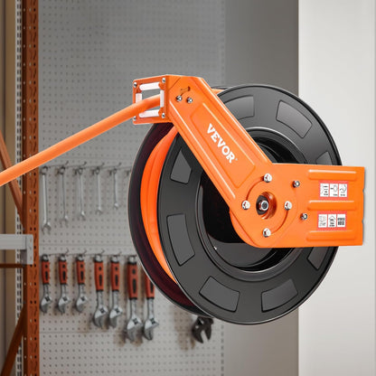 Retractable Air Hose Reel, 1/2 Inch x 50 FT Rubber Air Hose Max 300PSI, Auto Rewind Air-Compressor Hoses Reel with 5 ft Lead in, Ceiling/Wall Mount Heavy Duty Steel Double Arm