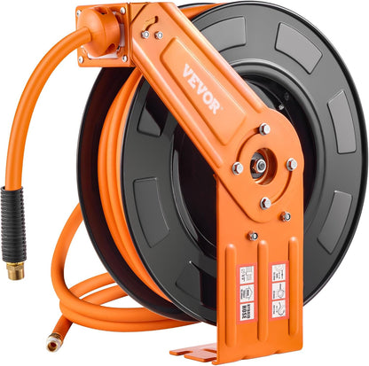 Retractable Air Hose Reel, 1/2 Inch x 50 FT Rubber Air Hose Max 300PSI, Auto Rewind Air-Compressor Hoses Reel with 5 ft Lead in, Ceiling/Wall Mount Heavy Duty Steel Double Arm