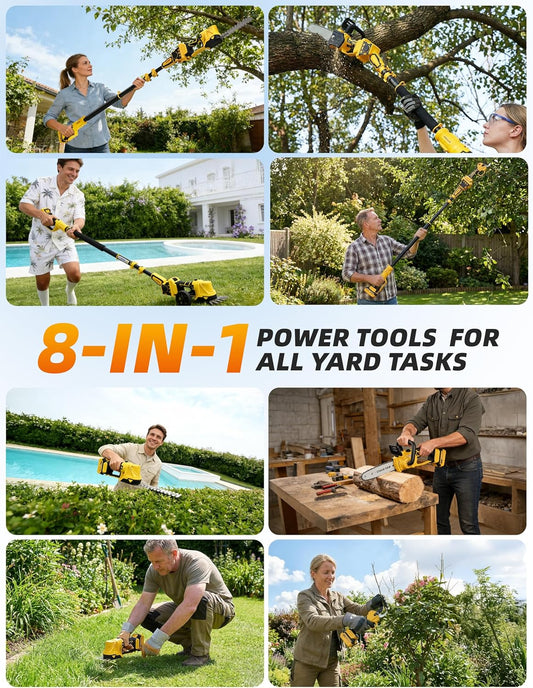 8”/ 10” Electric Pole Saw, Pruning Shears, Pole Hedge Trimmer, Grass Shears Combo, Extendable Garden Tools for Outdoor & Yard Use, Cordless Tree Pruner, Branch Cutter, Compatible with Dewalt Battery