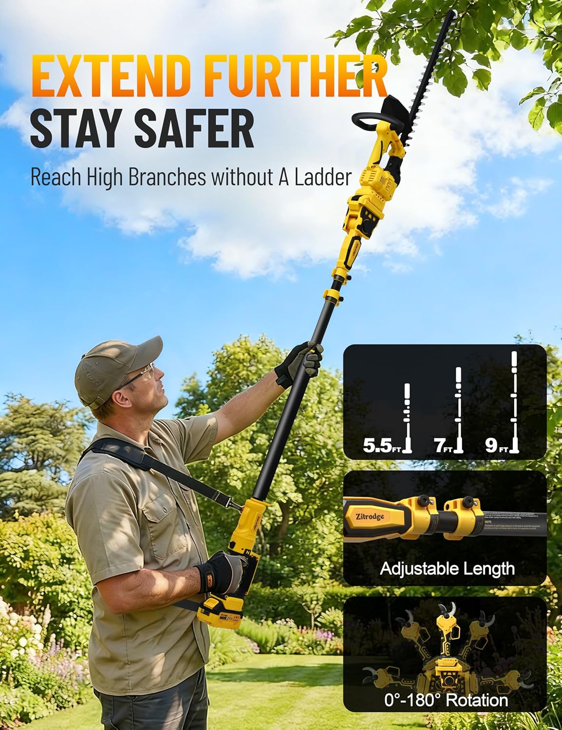 8”/ 10” Electric Pole Saw, Pruning Shears, Pole Hedge Trimmer, Grass Shears Combo, Extendable Garden Tools for Outdoor & Yard Use, Cordless Tree Pruner, Branch Cutter, Compatible with Dewalt Battery