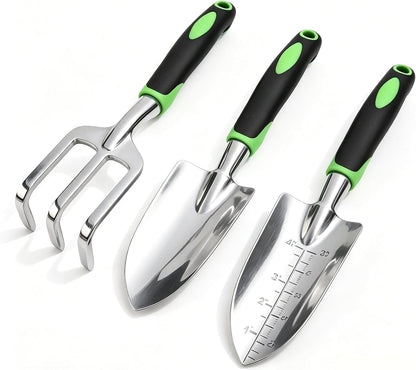 Stainless Steel Garden Tool Set，3 Pieces, Including Hand Shovel & Transplant Shovel & Hand Rake with Non-Slip Soft Ergonomic Handle (Green).
