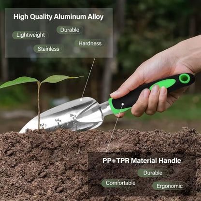 Stainless Steel Garden Tool Set，3 Pieces, Including Hand Shovel & Transplant Shovel & Hand Rake with Non-Slip Soft Ergonomic Handle (Green).