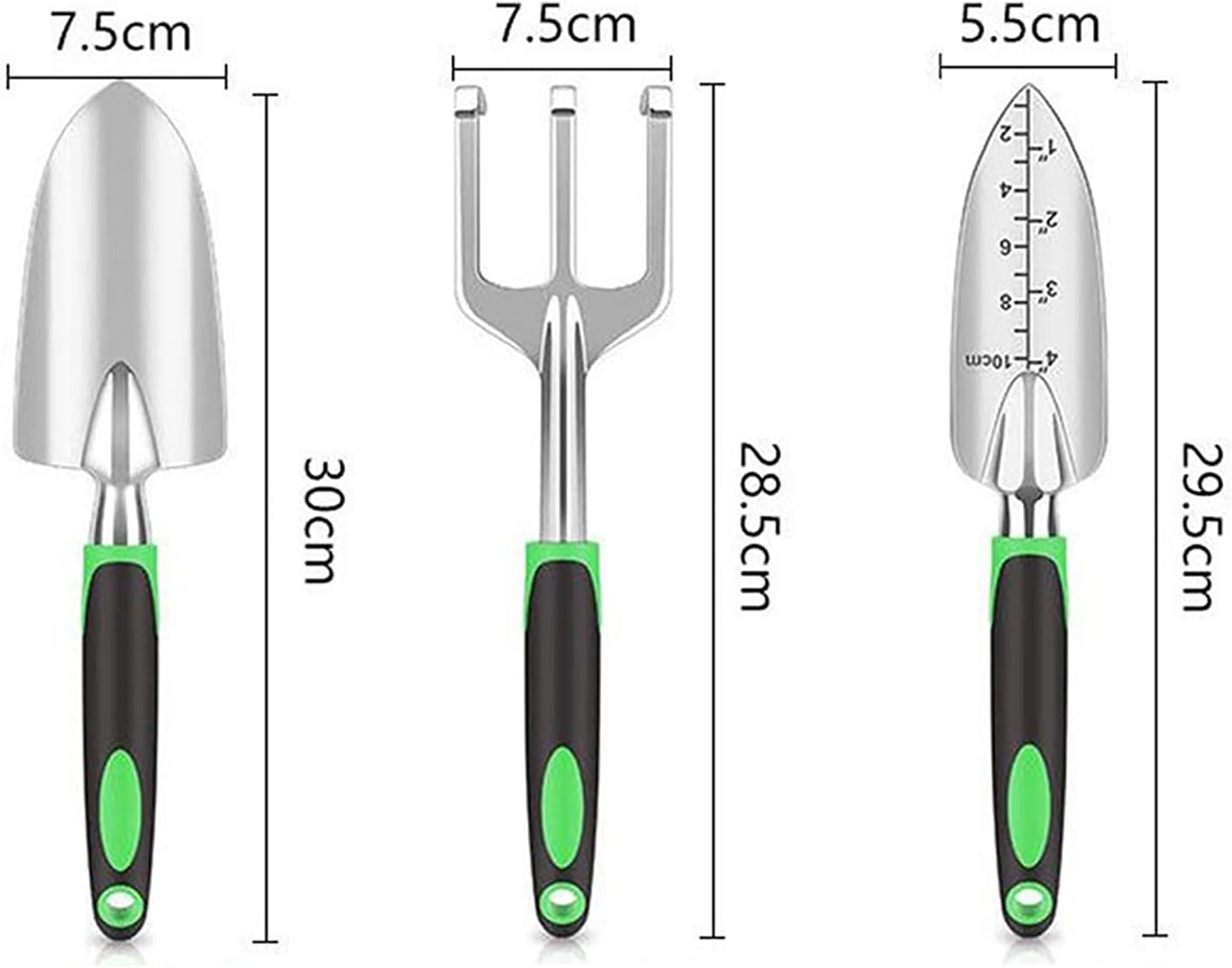 Stainless Steel Garden Tool Set，3 Pieces, Including Hand Shovel & Transplant Shovel & Hand Rake with Non-Slip Soft Ergonomic Handle (Green).