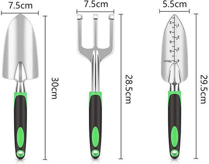 Stainless Steel Garden Tool Set，3 Pieces, Including Hand Shovel & Transplant Shovel & Hand Rake with Non-Slip Soft Ergonomic Handle (Green).