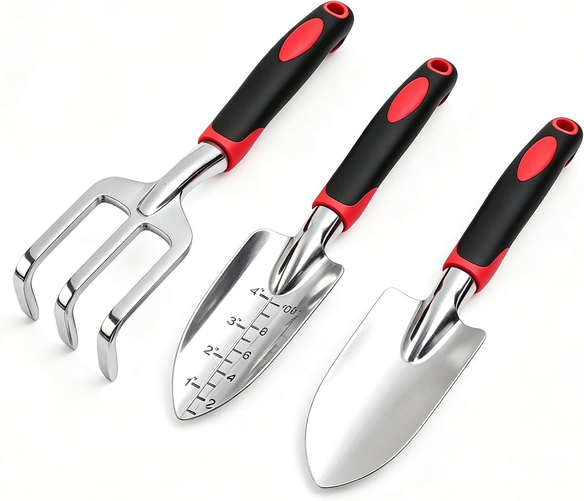 Stainless Steel Garden Tool Set，3 Pieces, Including Hand Shovel & Transplant Shovel & Hand Rake with Non-Slip Soft Ergonomic Handle (Green).