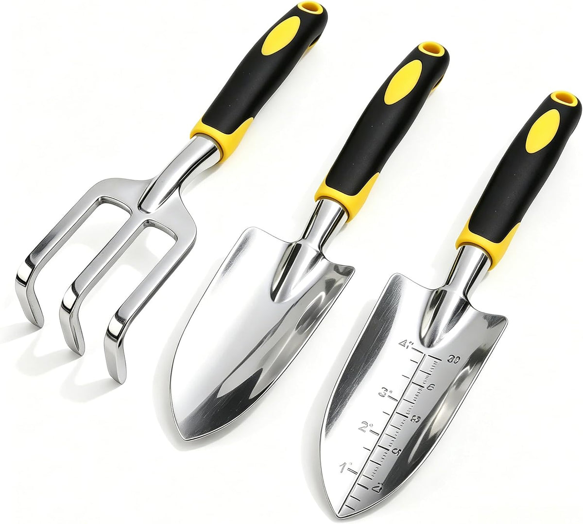 Stainless Steel Garden Tool Set，3 Pieces, Including Hand Shovel & Transplant Shovel & Hand Rake with Non-Slip Soft Ergonomic Handle (Green).