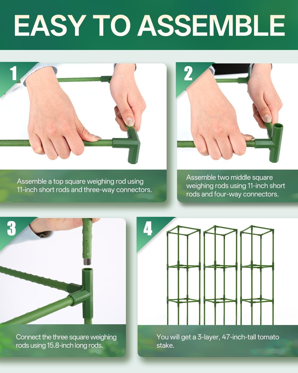 3 Pack Tomato Cage, Up to 47 Inch Adjustable Square Tomato Cages for Pots
