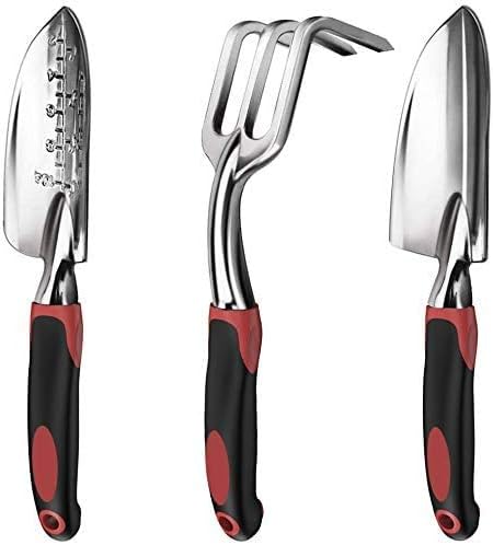Garden Tool Set, 3 Piece Cast-Aluminum Heavy Duty Gardening Kit Includes Hand Trowel, Transplant Trowel and Cultivator Hand Rake with Soft Rubberized Non-Slip Ergonomic Handle, Garden Gifts
