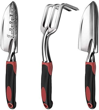 Garden Tool Set, 3 Piece Cast-Aluminum Heavy Duty Gardening Kit Includes Hand Trowel, Transplant Trowel and Cultivator Hand Rake with Soft Rubberized Non-Slip Ergonomic Handle, Garden Gifts