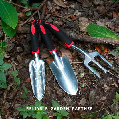 Garden Tool Set, 3 Piece Cast-Aluminum Heavy Duty Gardening Kit Includes Hand Trowel, Transplant Trowel and Cultivator Hand Rake with Soft Rubberized Non-Slip Ergonomic Handle, Garden Gifts