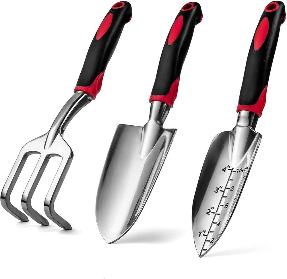 Garden Tool Set, 3 Piece Cast-Aluminum Heavy Duty Gardening Kit Includes Hand Trowel, Transplant Trowel and Cultivator Hand Rake with Soft Rubberized Non-Slip Ergonomic Handle, Garden Gifts