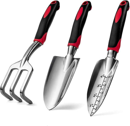 Garden Tool Set, 3 Piece Cast-Aluminum Heavy Duty Gardening Kit Includes Hand Trowel, Transplant Trowel and Cultivator Hand Rake with Soft Rubberized Non-Slip Ergonomic Handle, Garden Gifts