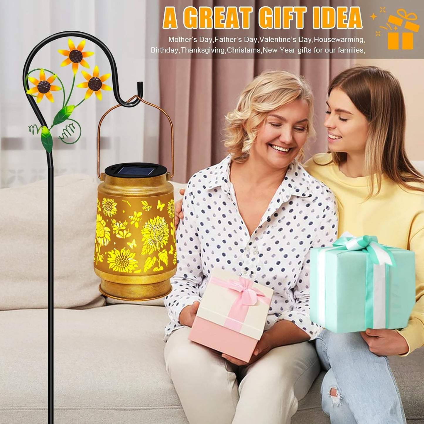 Mothers Day Gifts 2 Pack Sunflower Hanging Solar Lanterns Outdoor Lights Sunflower Gifts for Women Men Metal Waterproof Decor Garden Lanterns for Yard, Patio, Lawn, Pathway,Porch