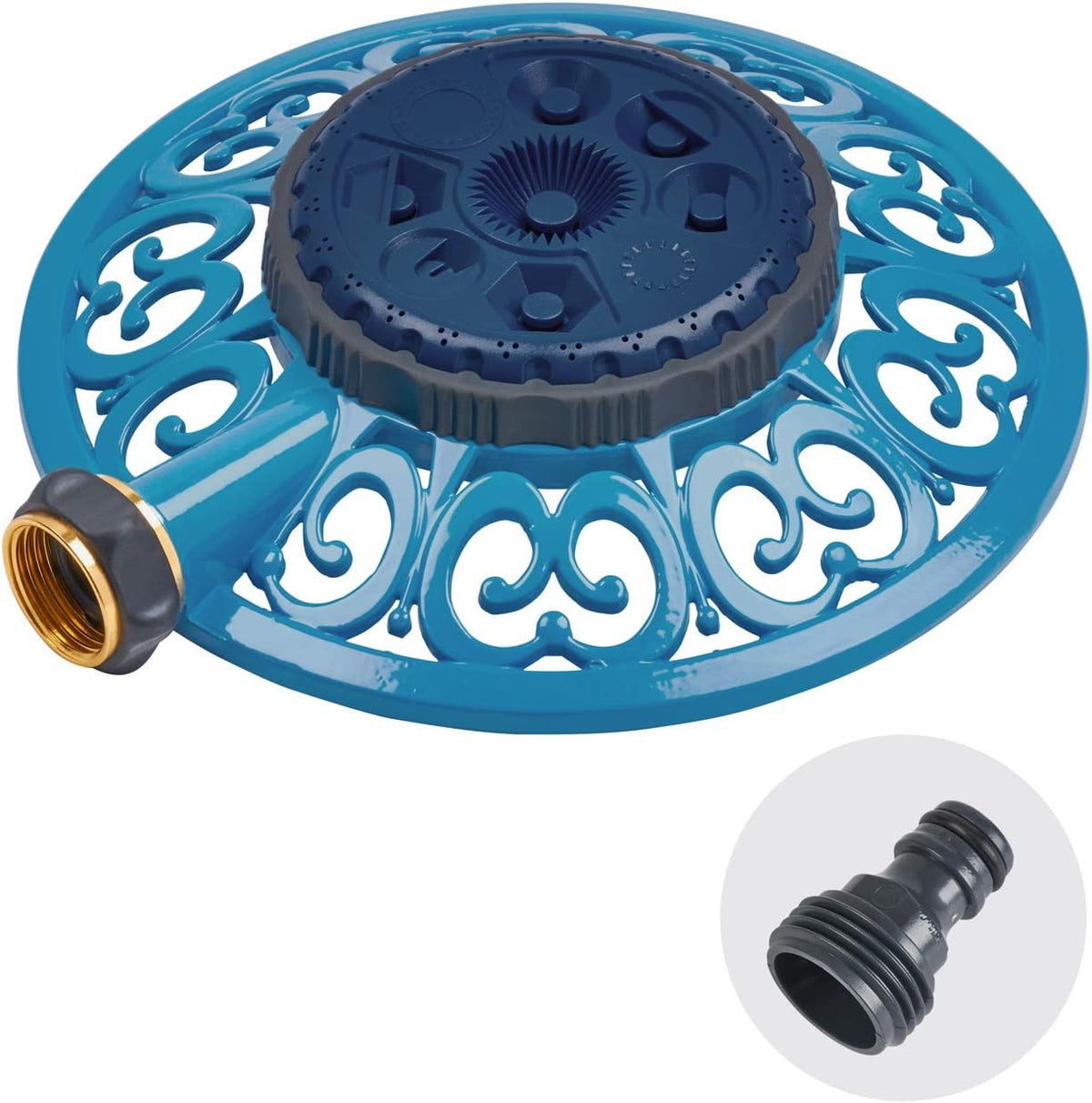 Melnor 65102-AMZ Metal 8-Pattern Sprinkler and QuickConnect Product Adapter Amazon Bundle, Blueberry Blue
