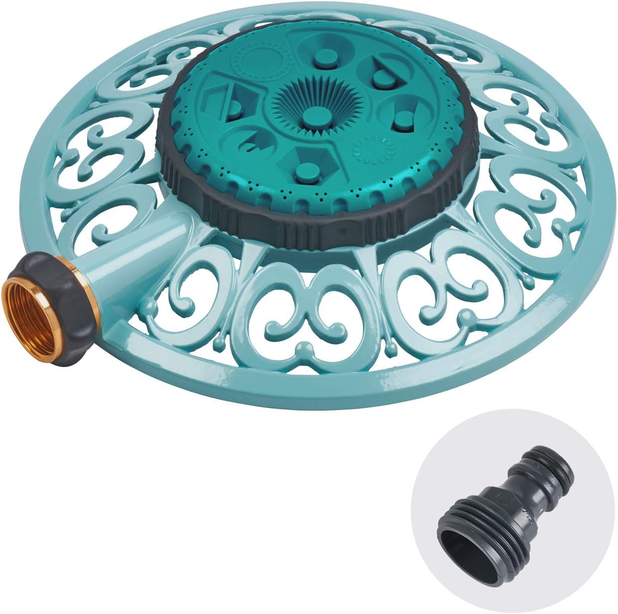 Melnor 65102-AMZ Metal 8-Pattern Sprinkler and QuickConnect Product Adapter Amazon Bundle, Blueberry Blue