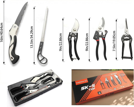 5-piece SK5 high-carbon steel gardening pruning set: loppers + folding saw