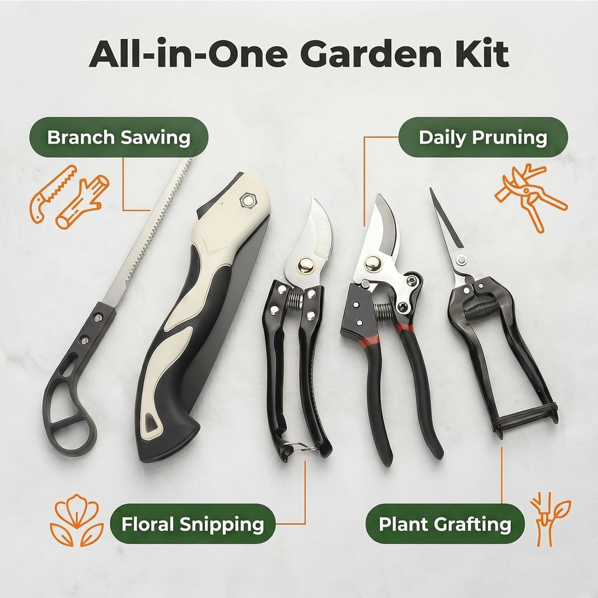 5-piece SK5 high-carbon steel gardening pruning set: loppers + folding saw