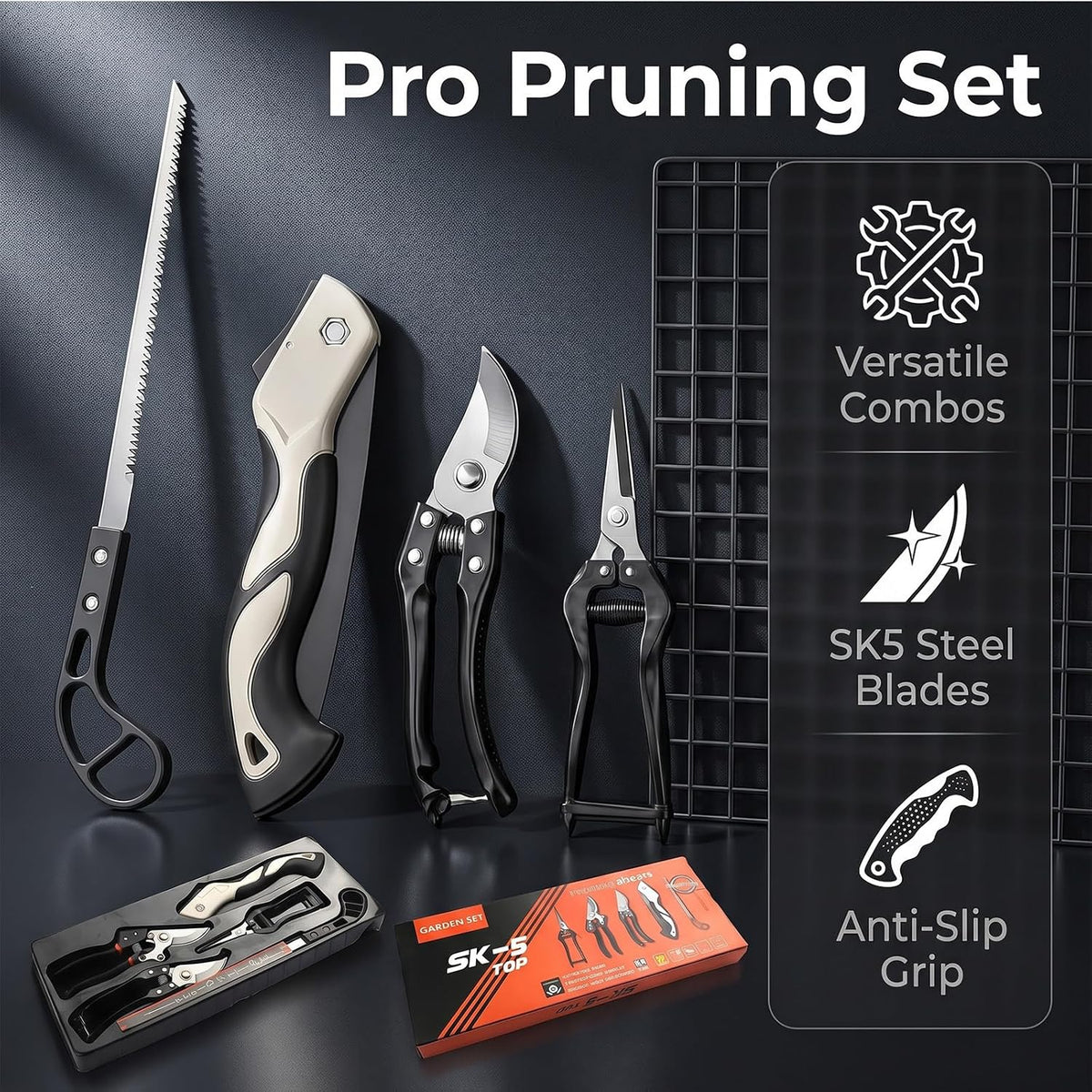 5-piece SK5 high-carbon steel gardening pruning set: loppers + folding saw