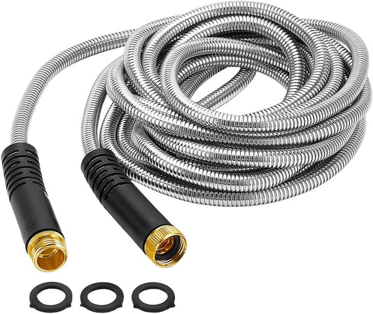 25Ft/7.5m Metal Garden Hose Kink-Free Compact Coil Lightweight Steel Aluminum Fitting Short Leader with 3/4" Ring Steel Garden Hose for Balcony Patio Car Wash