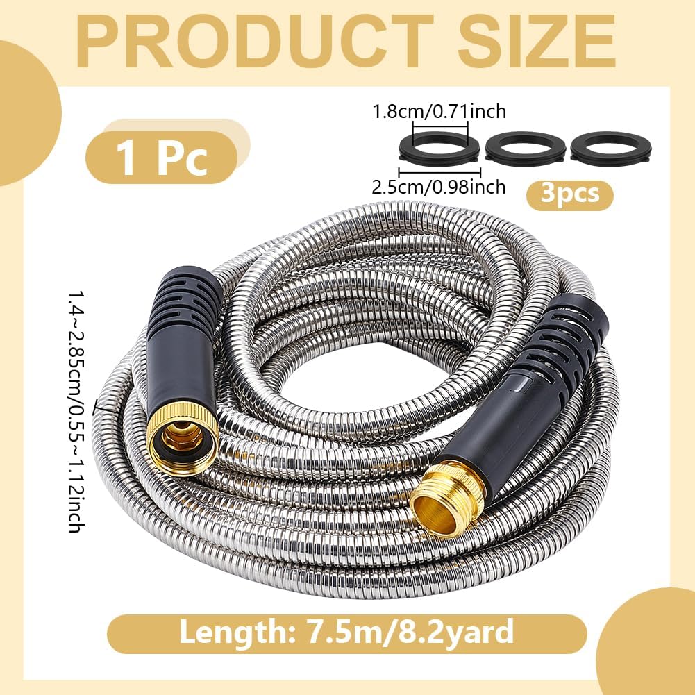 25Ft/7.5m Metal Garden Hose Kink-Free Compact Coil Lightweight Steel Aluminum Fitting Short Leader with 3/4" Ring Steel Garden Hose for Balcony Patio Car Wash