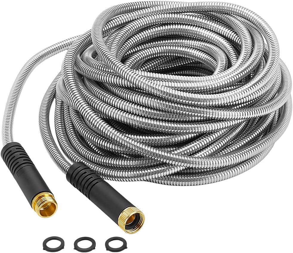25Ft/7.5m Metal Garden Hose Kink-Free Compact Coil Lightweight Steel Aluminum Fitting Short Leader with 3/4" Ring Steel Garden Hose for Balcony Patio Car Wash