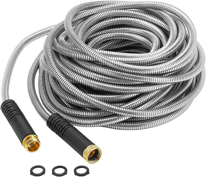 25Ft/7.5m Metal Garden Hose Kink-Free Compact Coil Lightweight Steel Aluminum Fitting Short Leader with 3/4" Ring Steel Garden Hose for Balcony Patio Car Wash